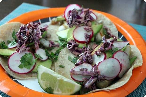 fish tacos with cabbage and radish