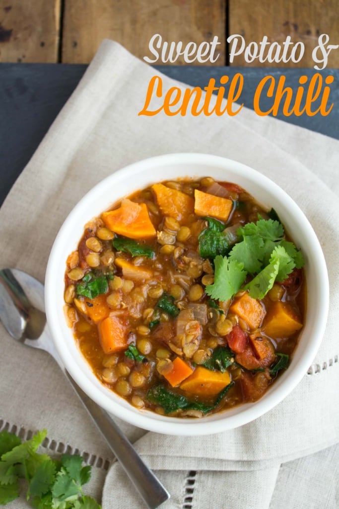 lentil vegan chili with sweet potatoes in white bowl