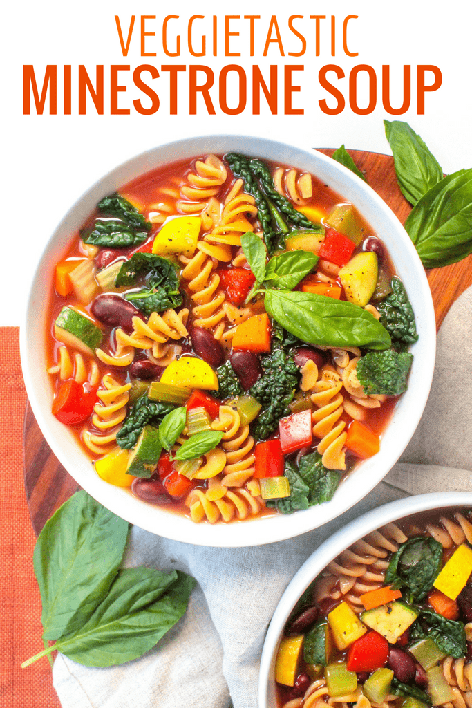 vegan minestrone soup in a large white bowl
