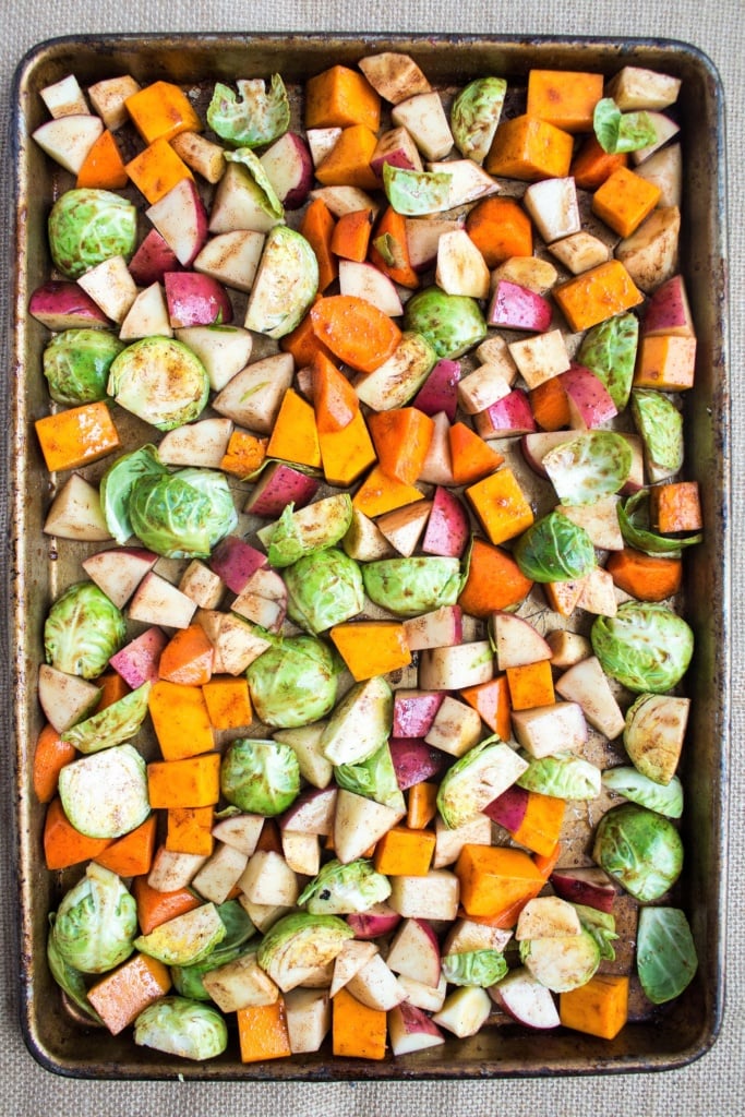 oven roasted vegetables on a sheet pan 