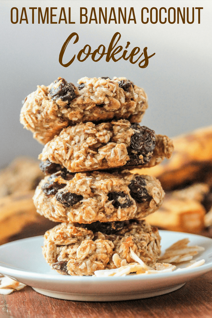 banana oatmeal cookies with coconut - cookies stacked on a plate
