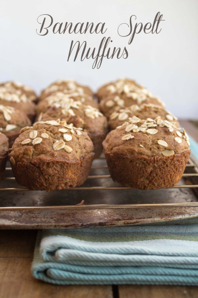 banana muffins made with spelt flour on a wire cooling rack