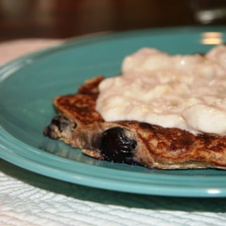 Blueberry Spelt Pancakes with Yogurt Maple Banana Topping