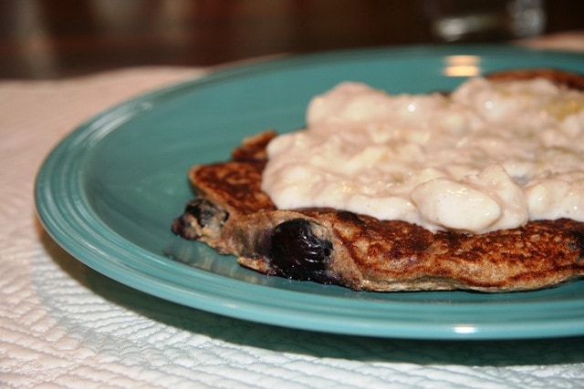 Blueberry Spelt Pancakes with Yogurt Maple Banana Topping
