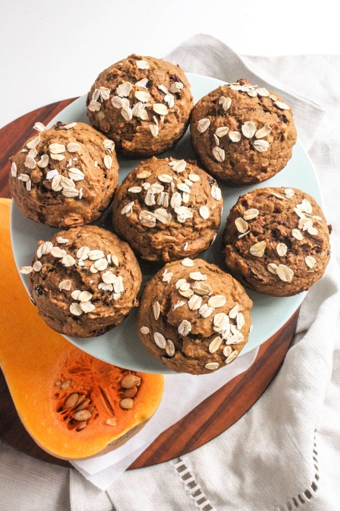 These Spiced Butternut Squash Muffins are the perfect healthy fall treat - moist and fluffy, yet oil-free and 100% whole wheat! Great for make-ahead breakfasts or an easy snack!