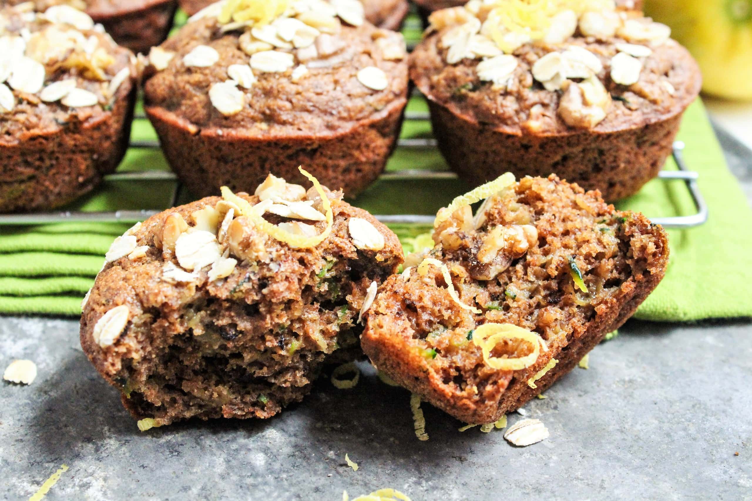 a zucchini muffin torn in half