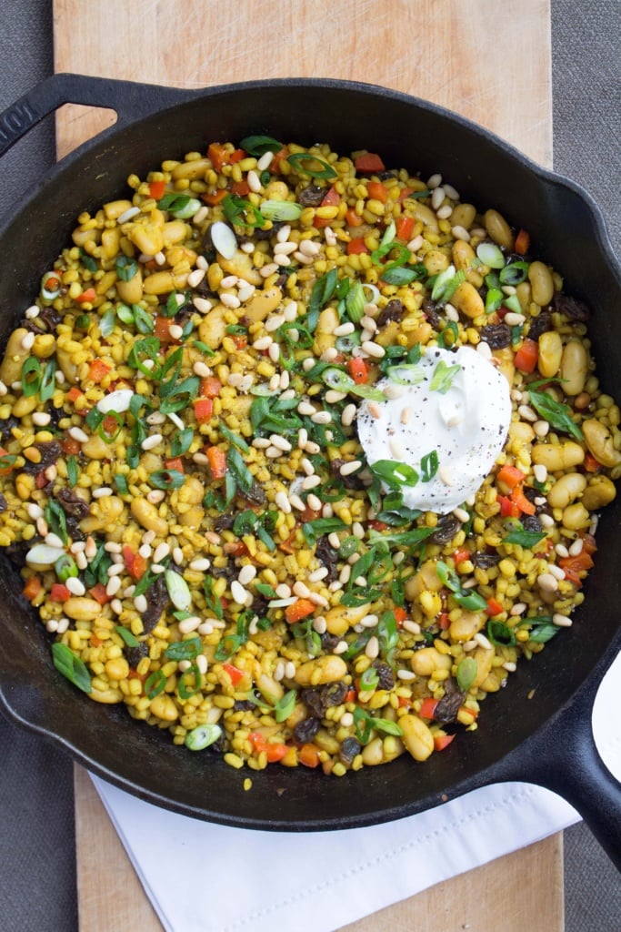 grain salad in a cast iron skillet