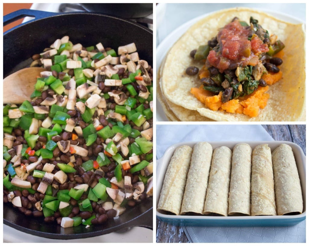 how to make sweet potato black bean veggie enchiladas