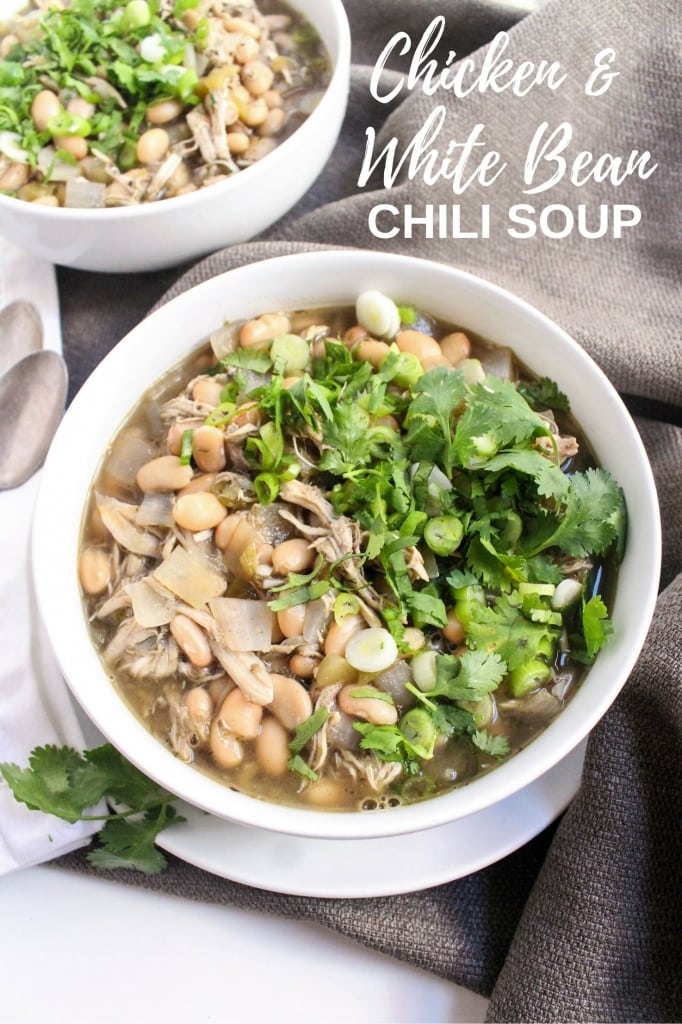 This Chicken White Bean Chili Soup is easy and so flavorful. Using rotisserie chicken is a great shortcut for weeknight dinners & makes this recipe super quick!