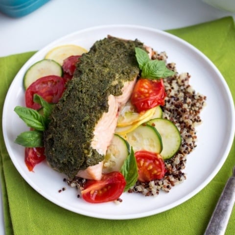 Baked Pesto Salmon with Veggies