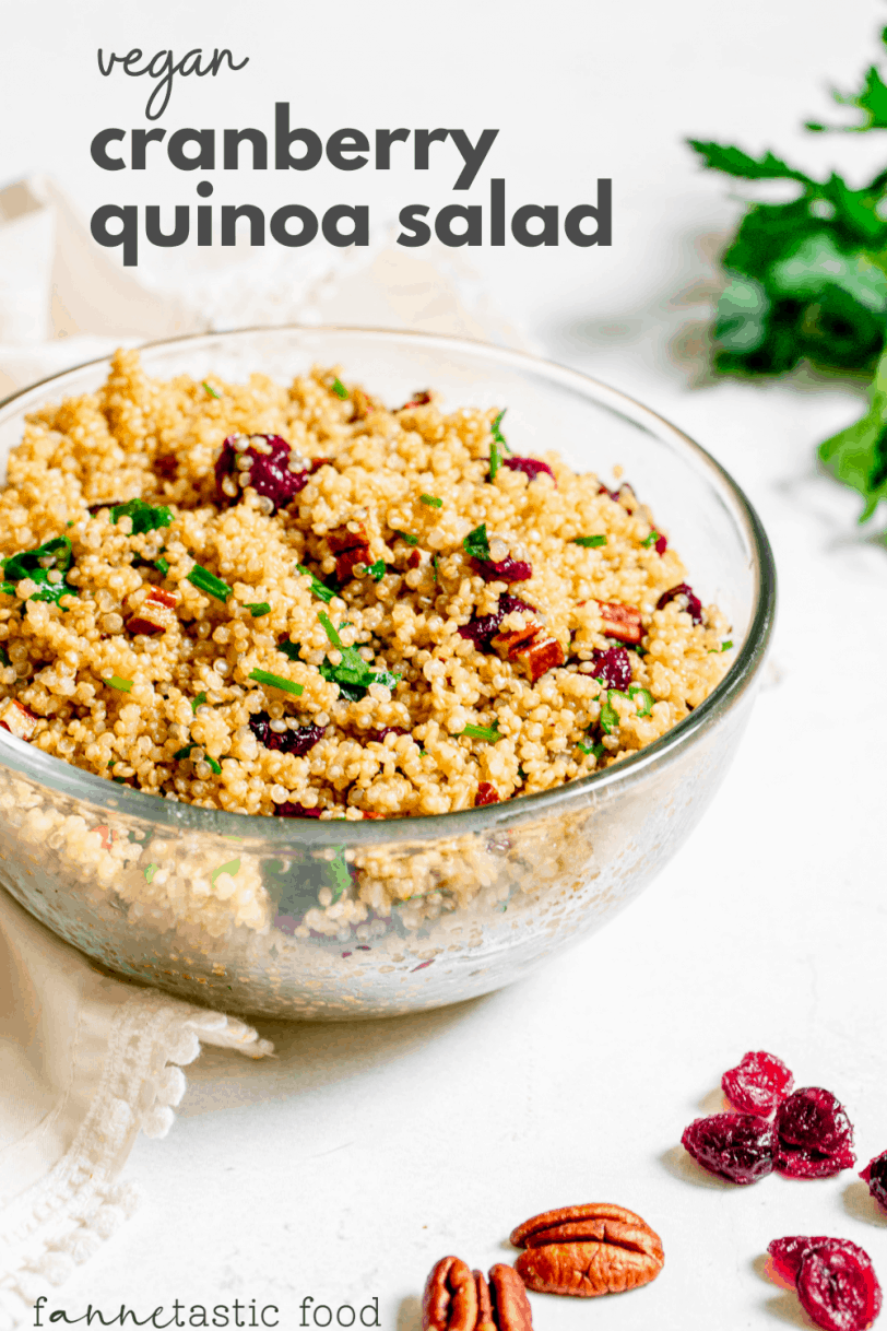 vegan cranberry quinoa salad in a bowl with pecans