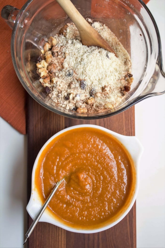 pumpkin puree in a bowl next to a bowl with gluten free flour mixture
