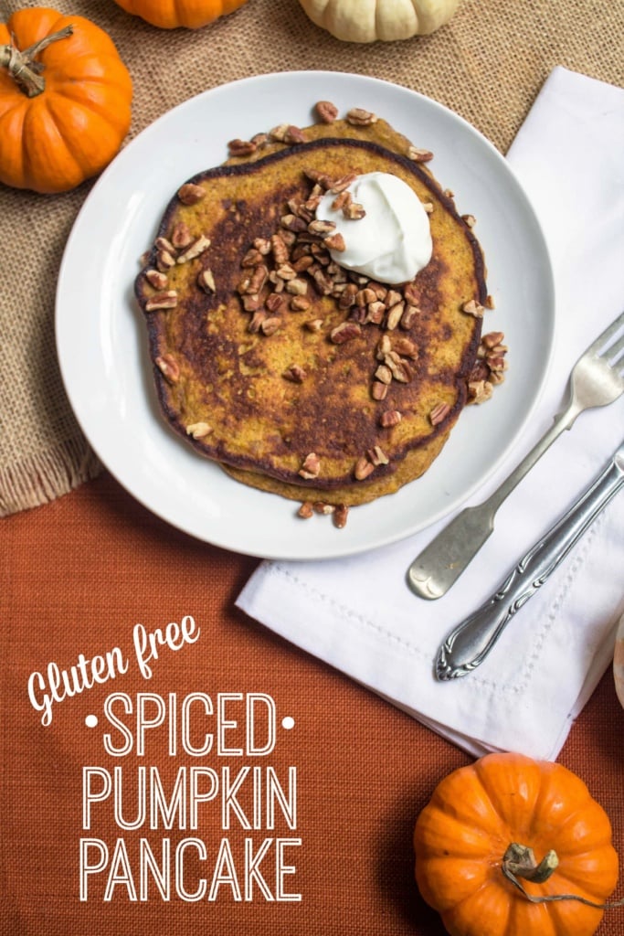 gluten free banana pumpkin pancakes with chopped pecans and a dollop of Greek yogurt on top
