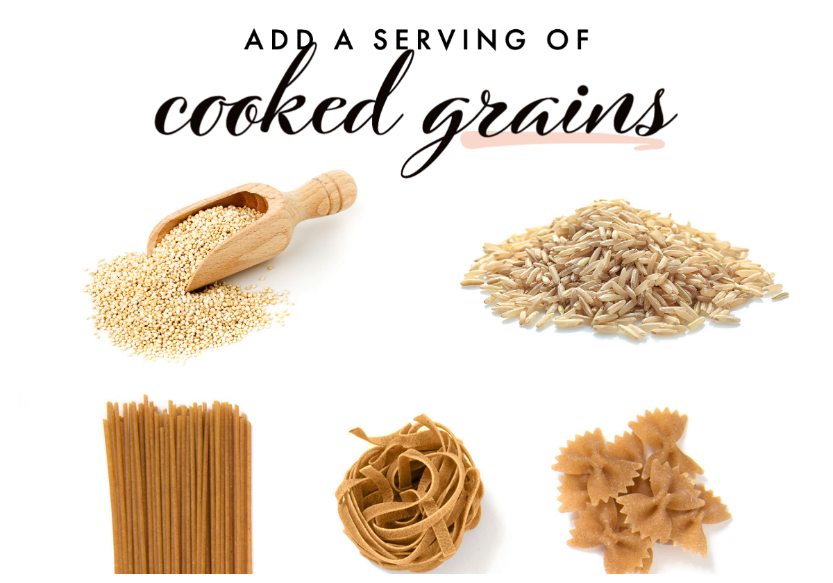 servings of cooked grains: quinoa, brown rice, and whole wheat pasta