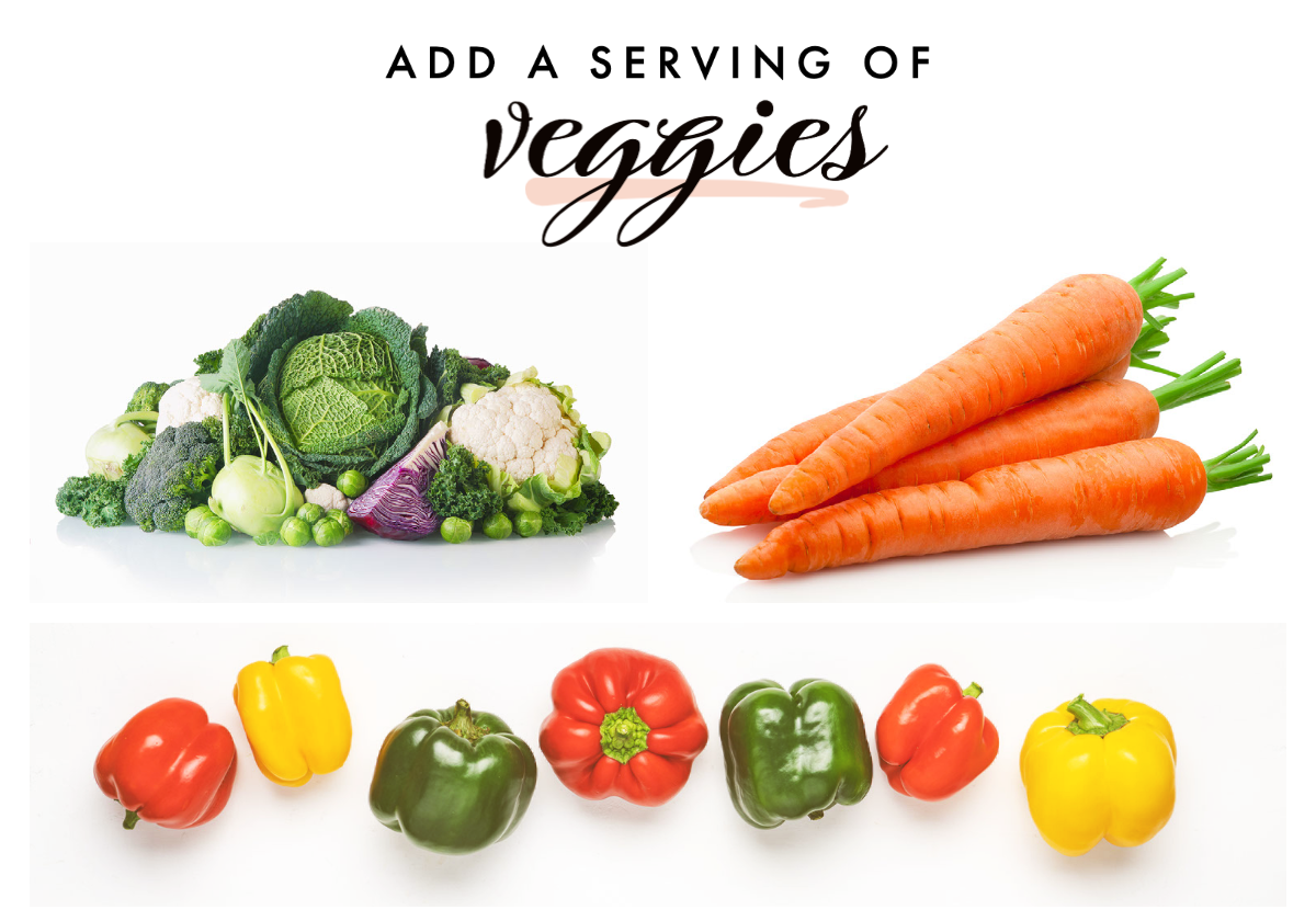 servings of veggies: broccoli, cauliflower, carrots, bell peppers, and more vegetables