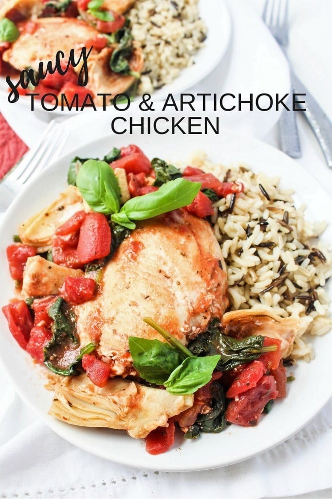 Quick Chicken Recipe with Artichokes and Tomatoes on a plate with a side of rice