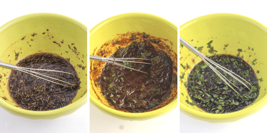healthy chicken marinades in yellow bowls with a whisk