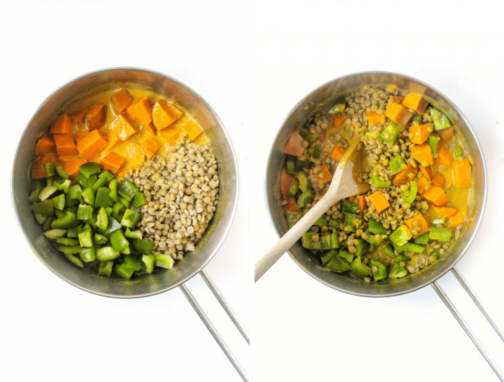 thai coconut curry cooking steps in a pot