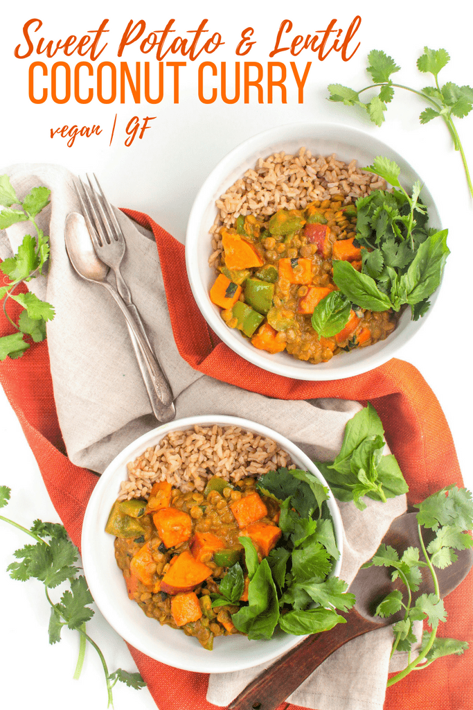 vegan Thai curry with coconut milk, sweet potatoes, and lentils