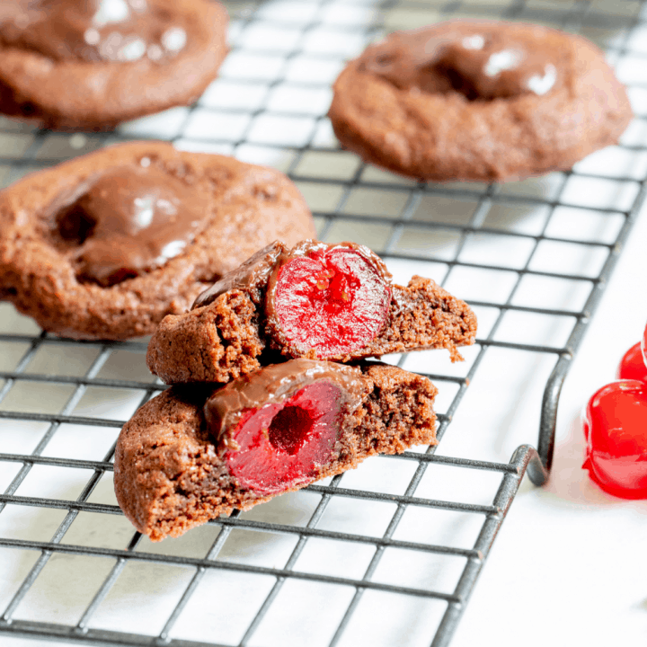 chocolate covered cherry cookies on a wire rack