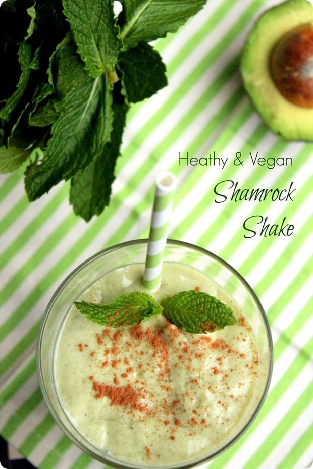 vegan shamrock shake with mint, banana, and avocado