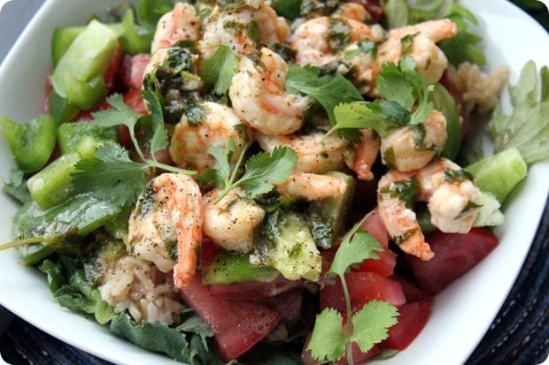 easy Mexican shrimp salad with cilantro chimichurri sauce