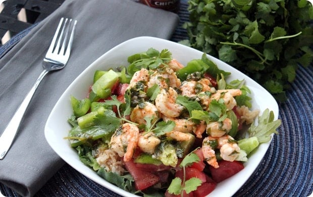 easy Mexican shrimp salad with cilantro chimichurri sauce