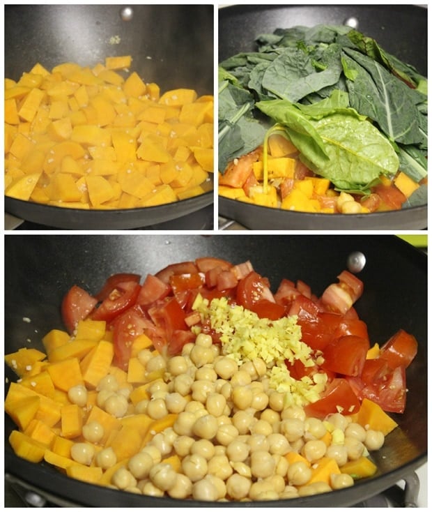 curried sweet potatoes with chard and chickpeas