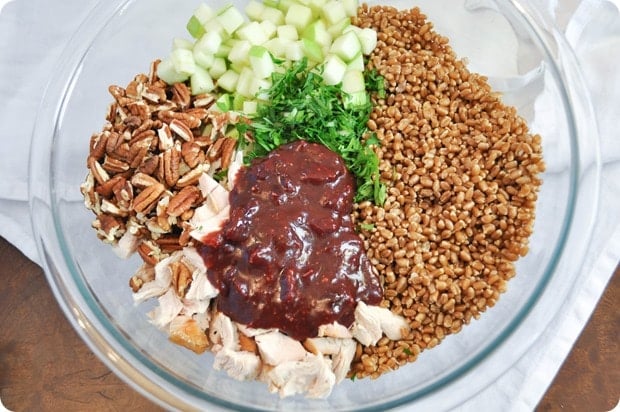 Cranberry Turkey Salad with Wheat Berries ingredients in a bowl