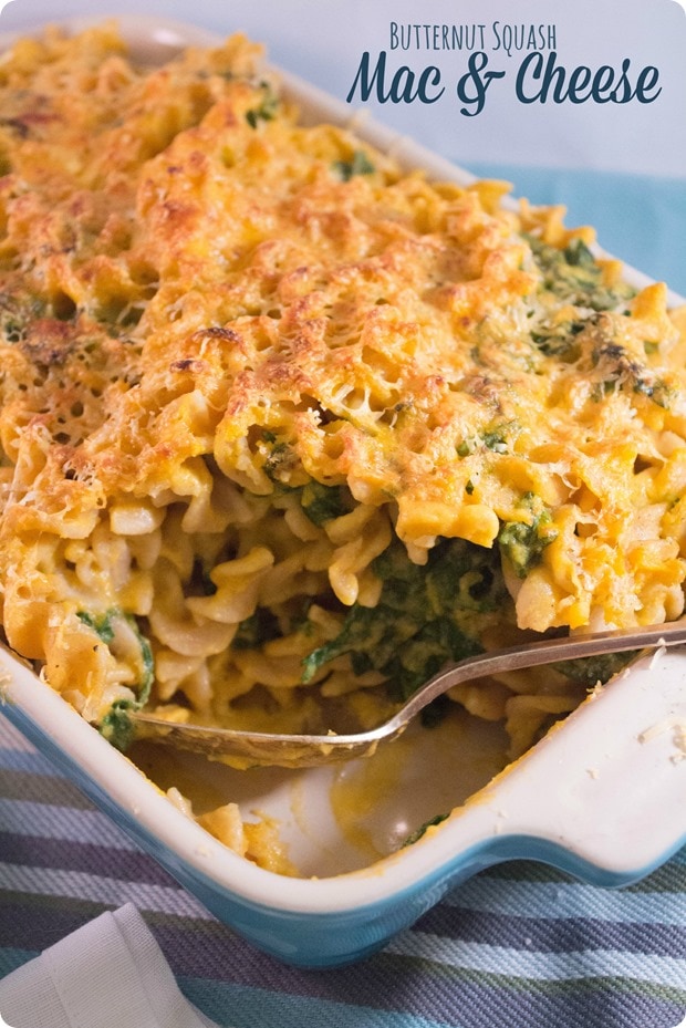 butternut squash almond milk mac and cheese with kale in a baking dish