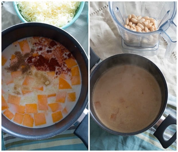 almond milk mac and cheese in a pot cooking steps