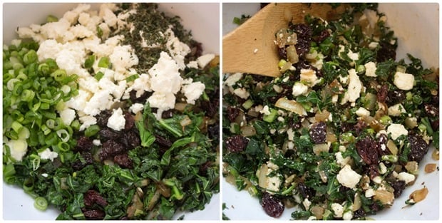 how to make the kale, feta, and dried cherry filling