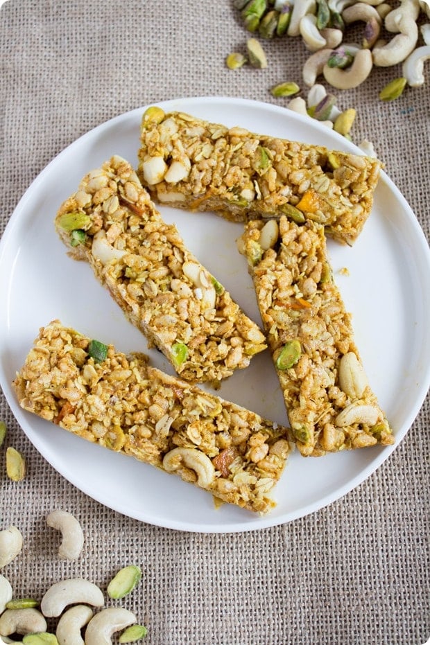 savory curry granola bars made with puffed rice on a white plate