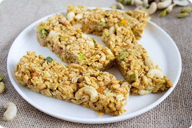 savory curry granola bars on a plate