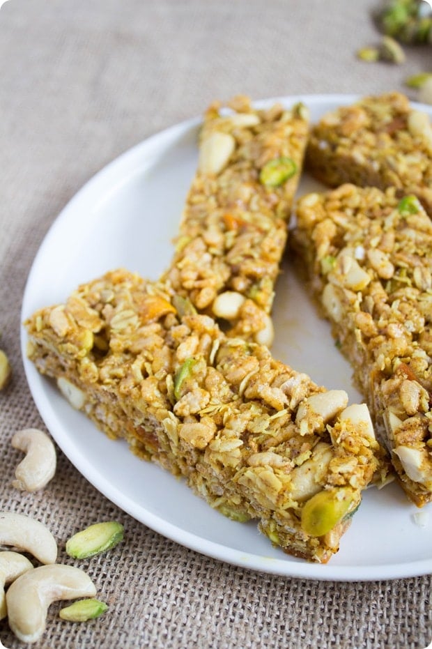 puffed rice savory curry granola bars on a plate