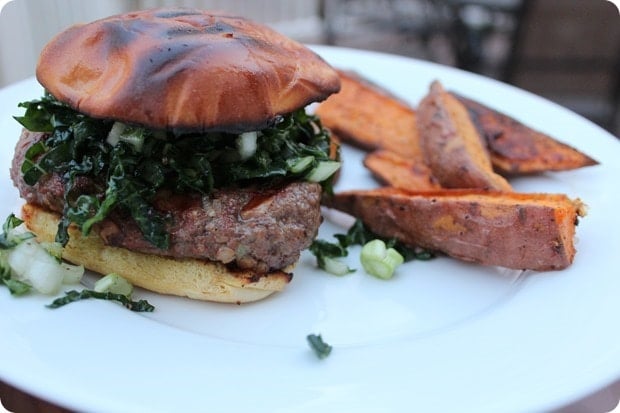 homemade healthy burger with sweet potato fries