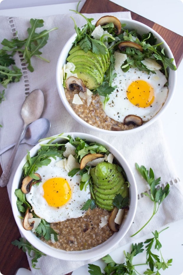 savory oatmeal with avocado and eggs