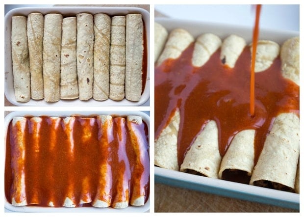 pouring enchilada sauce over mushroom enchiladas