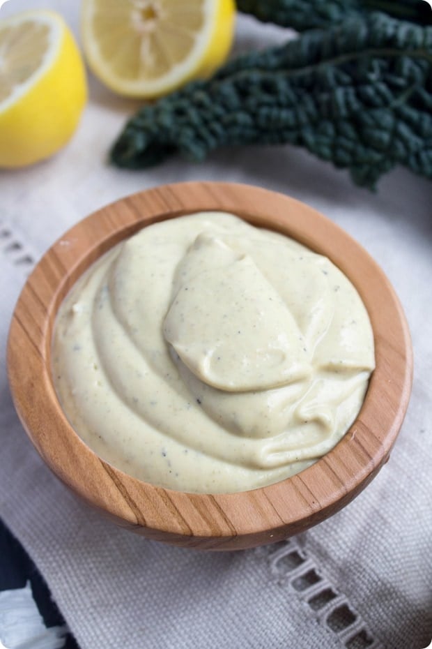 vegan caesar salad dressing in a wooden bowl