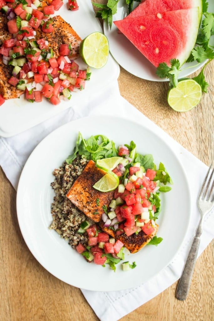 watermelon salmon on a plate with quinoa