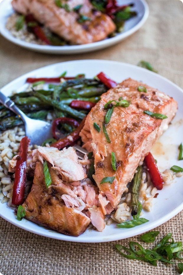 roasted salmon with vegetables and brown rice on a plate