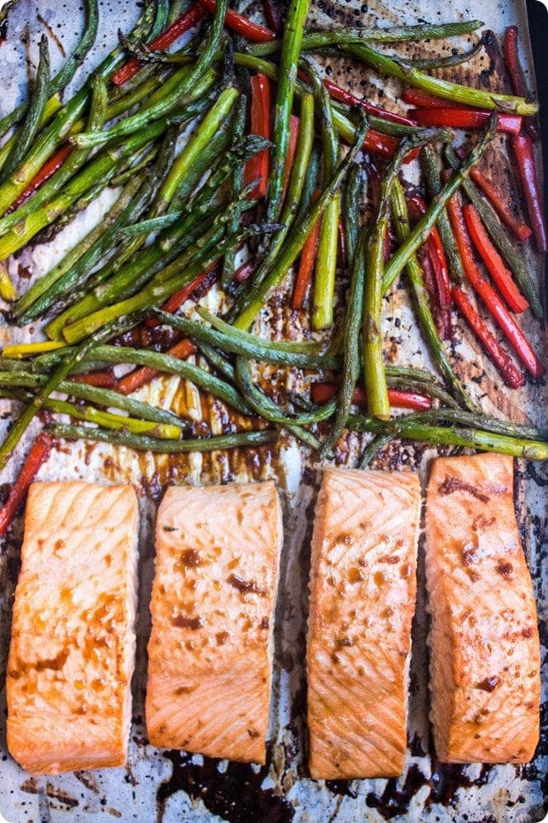 asian salmon and veggies with ginger soy glaze on a sheet pan