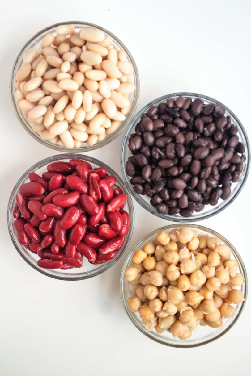 Canned kidney beans, black beans, white beans, and chickpeas in a bowl
