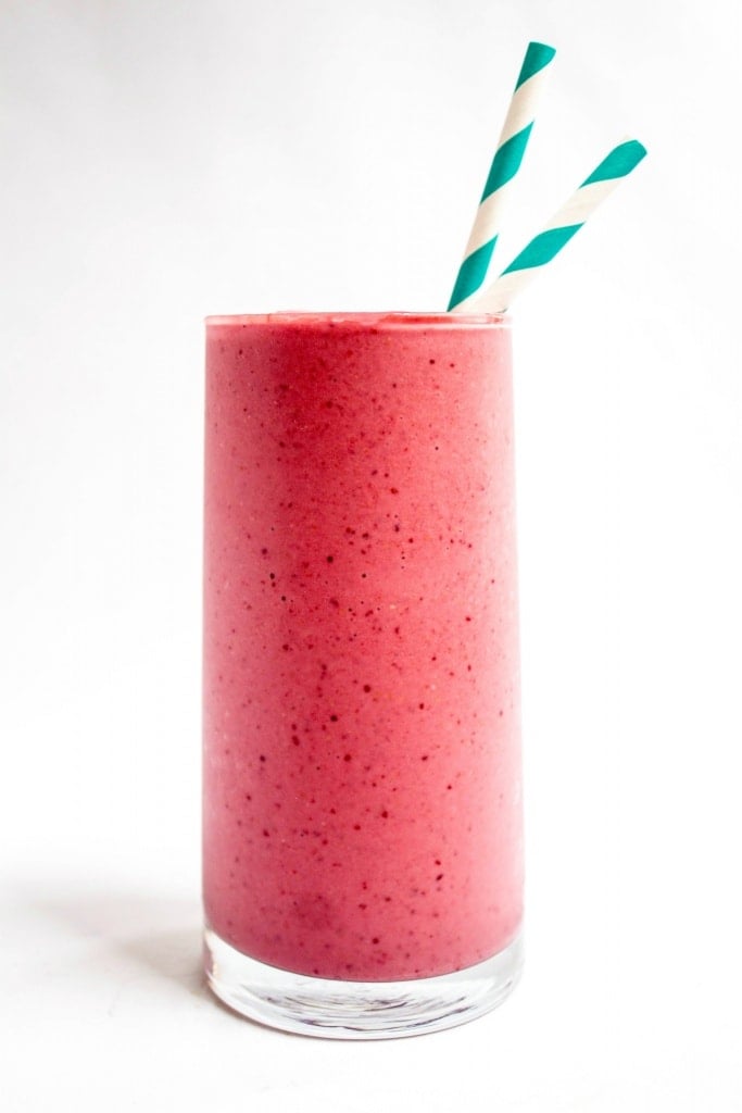 strawberry lemon smoothie in a tall glass