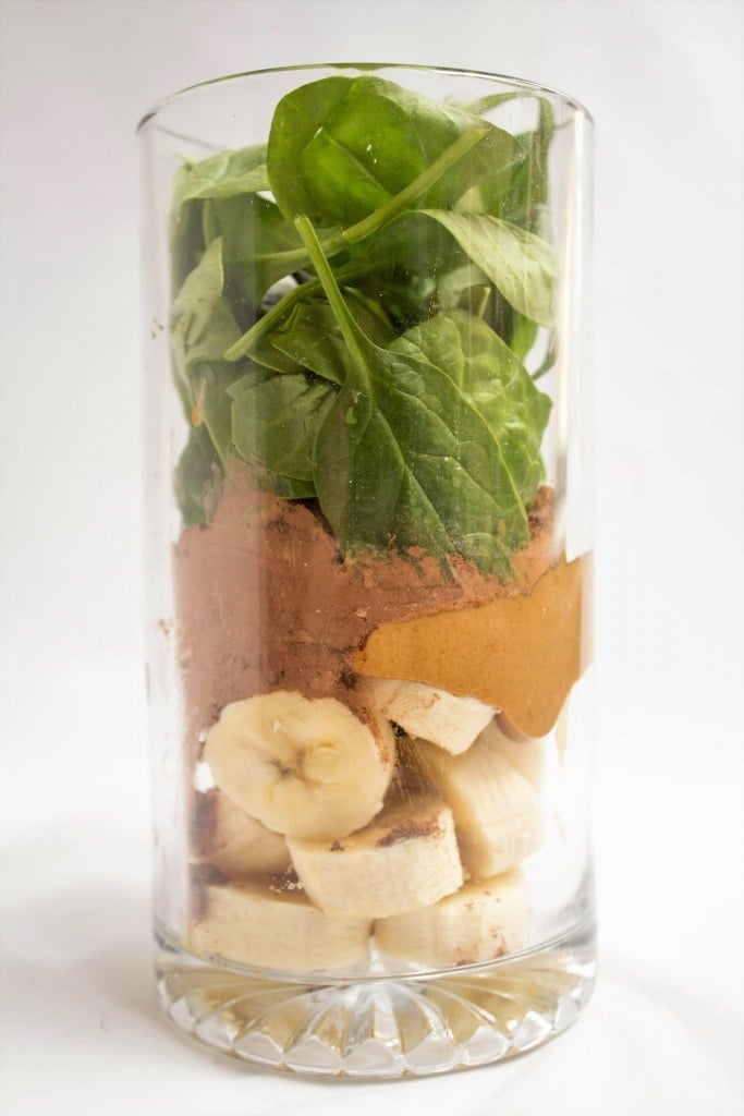 banana chocolate peanut butter smoothie with spinach