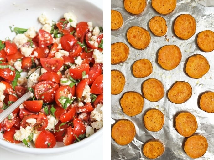 tomato mixture and sweet potato rounds