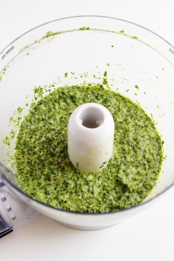 green chimichurri sauce in a food processor