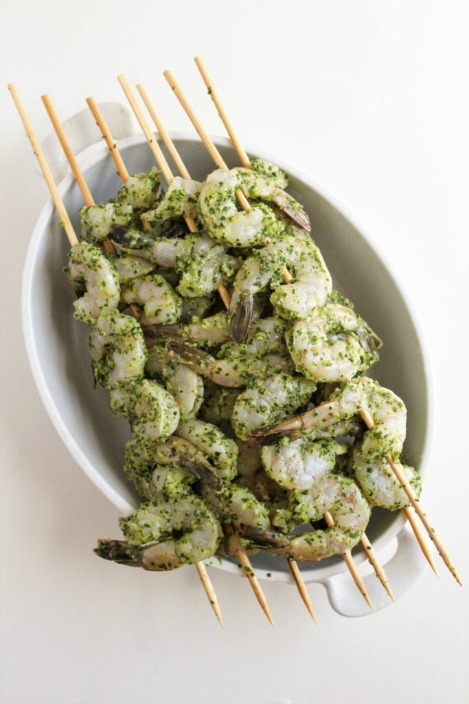 shrimp on skewers tossed in chimichurri sauce