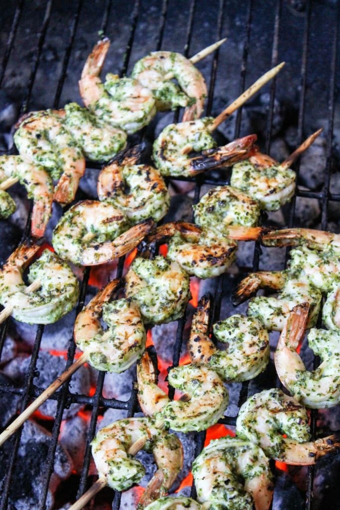 shrimp skewers on a grill