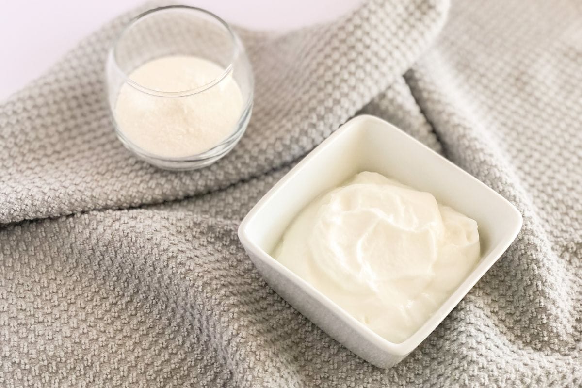 protein powder and Greek yogurt in small bowls